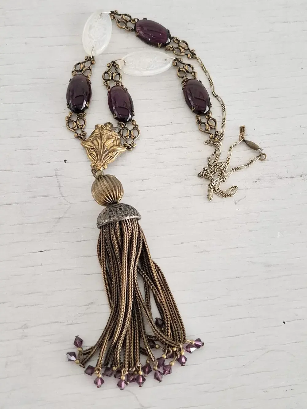 Vintage Signed Sadie Green Amethyst Colored Tassel Necklace
